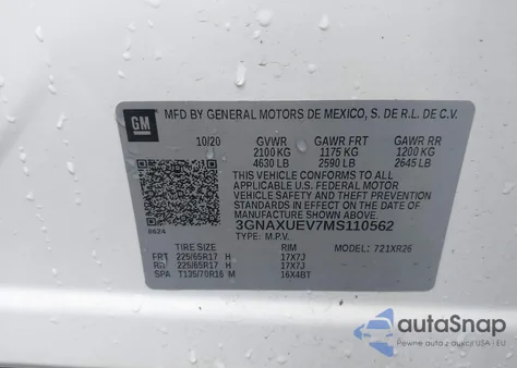 2021 Chevrolet Equinox Awd Lt из США, поврежденный, VIN 3GNAXUEV7MS110562